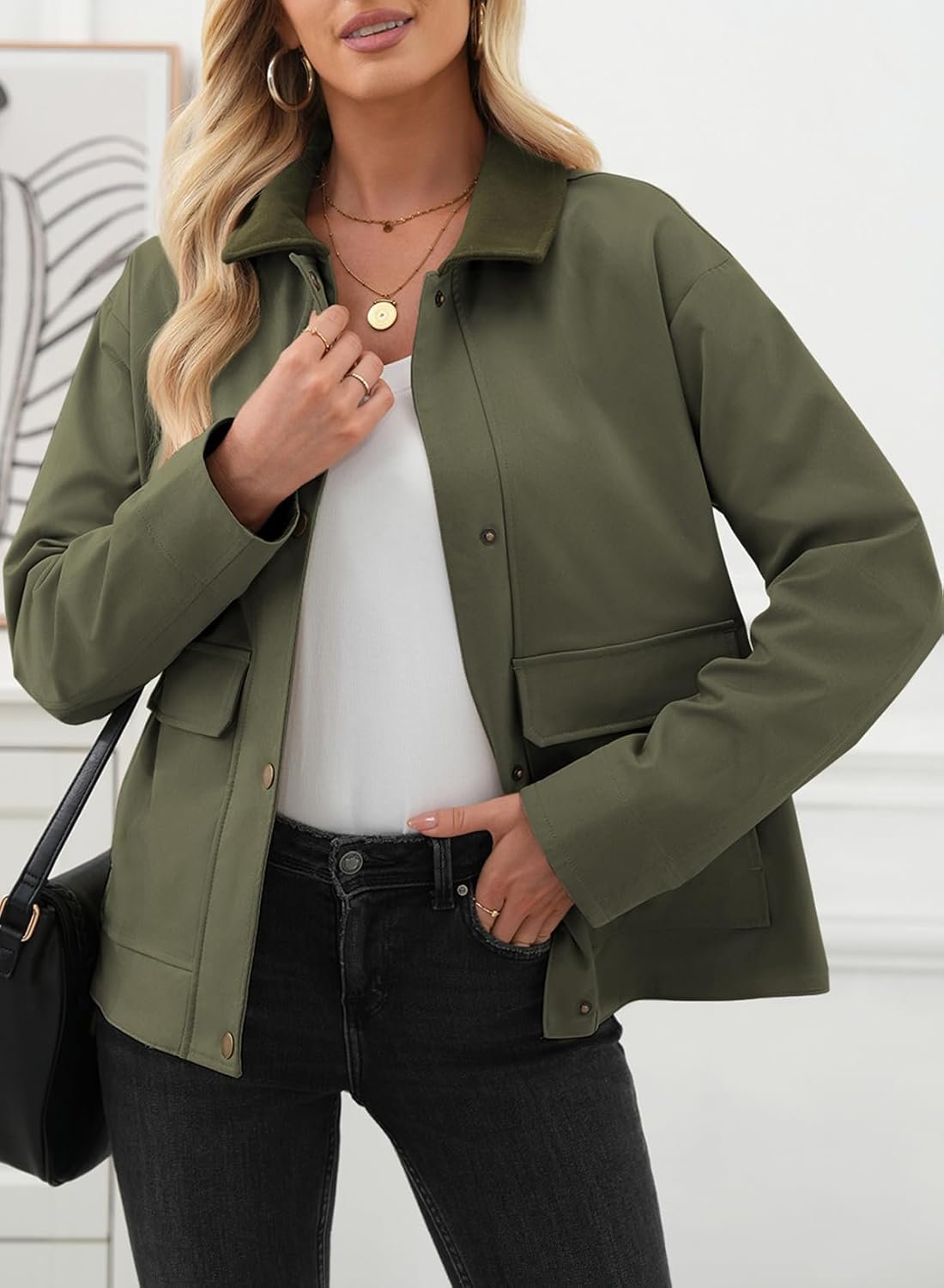 Women’s Lightweight Cropped Jacket Button Down Casual Coat with Pockets - Image 2