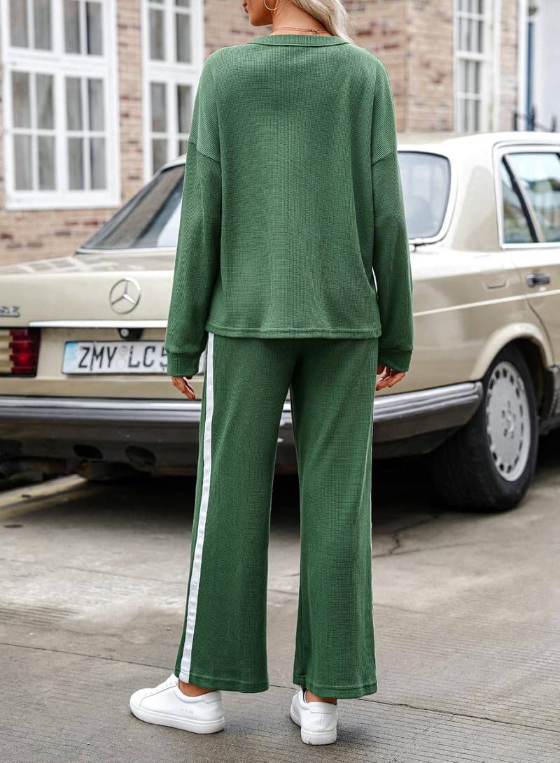 Women’s 2-piece knit long sleeve button top wide leg lounge pants set - Image 2