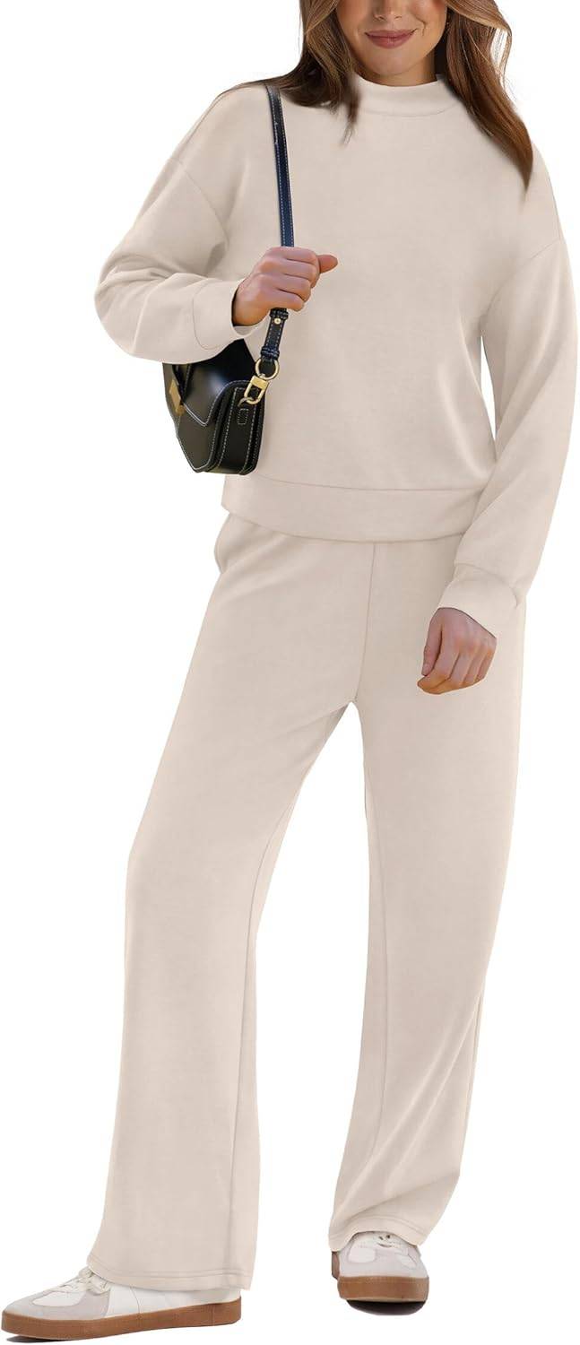 Two-piece fall lounge outfit mock neck top wide leg pants set - Image 2