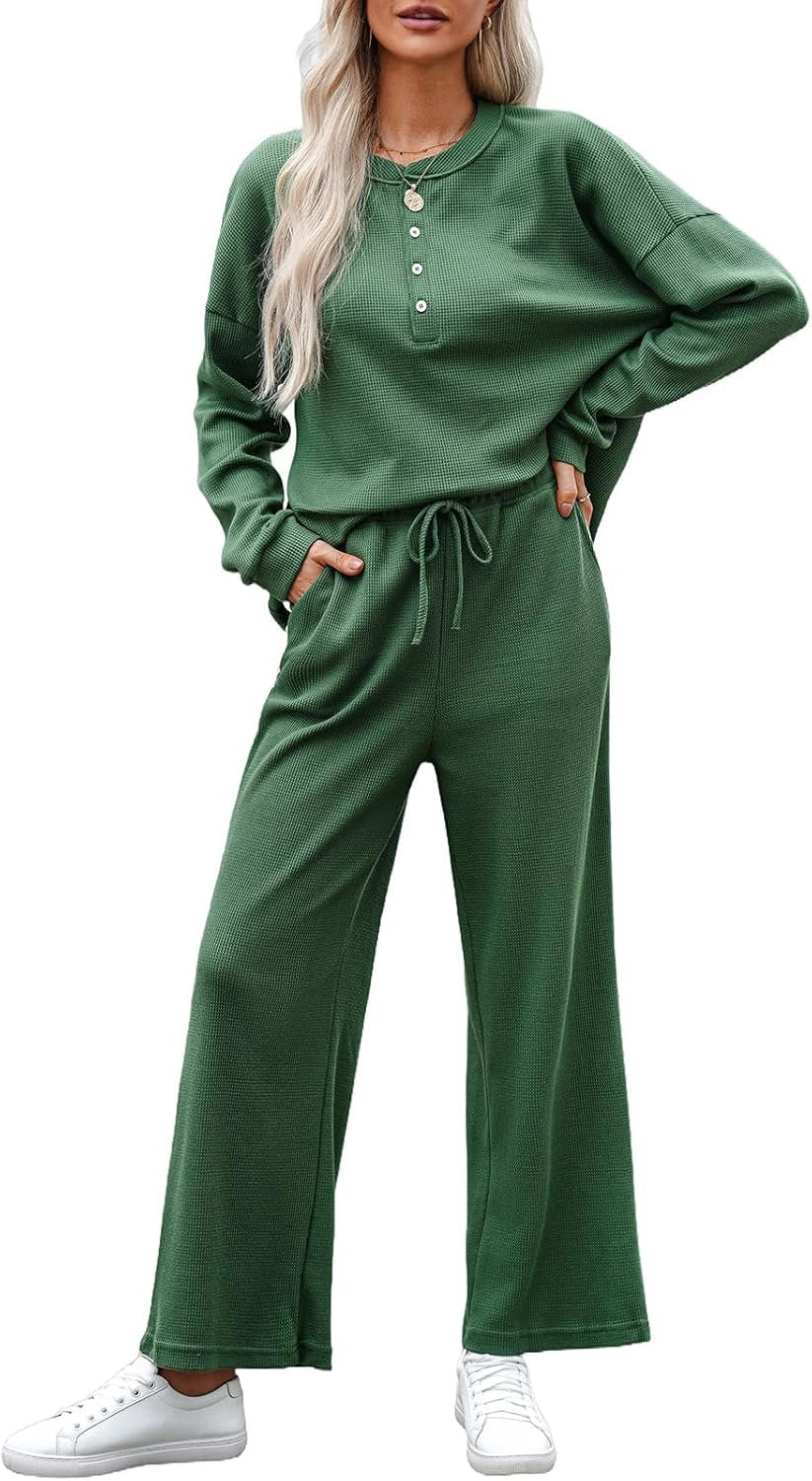 Women’s 2-piece knit long sleeve button top wide leg lounge pants set
