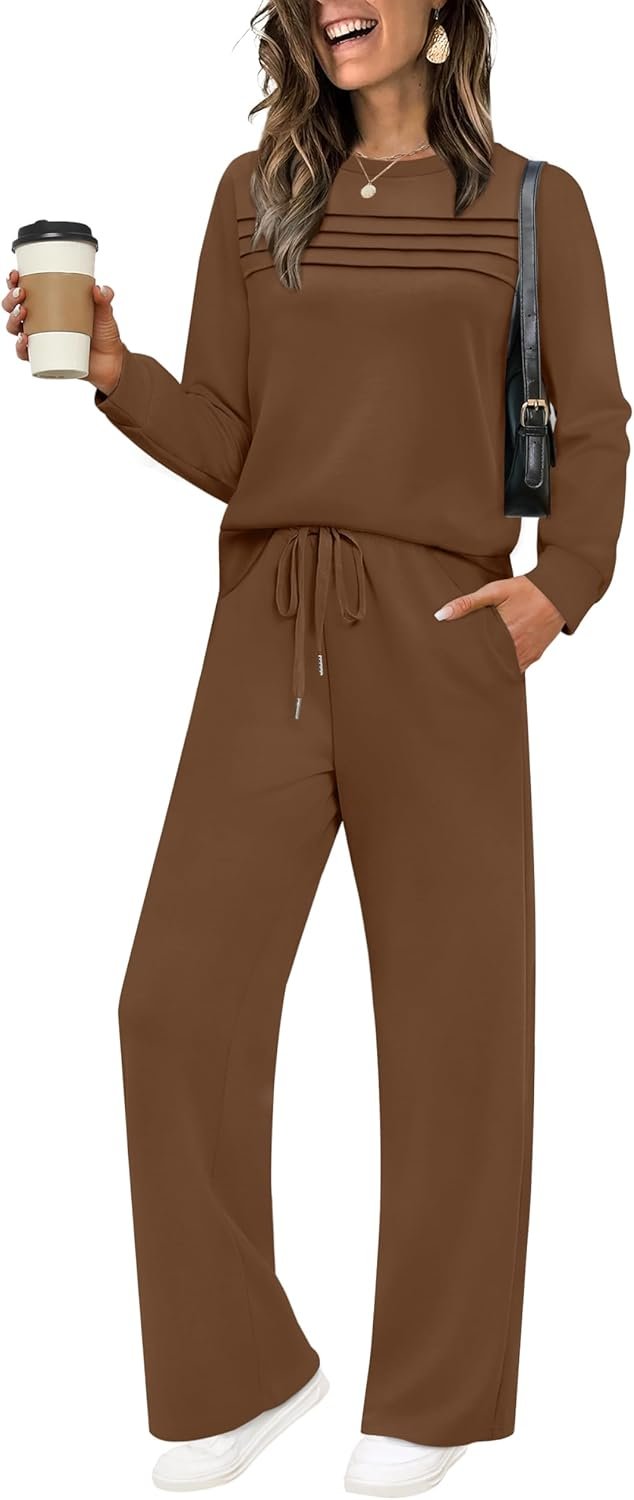 Women’s 2-piece lounge outfit sweatshirt casual wide leg tracksuit set