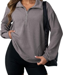 Women’s Waffle Knit Half Zip Sweatshirt Long Sleeve Loose Pullover Top