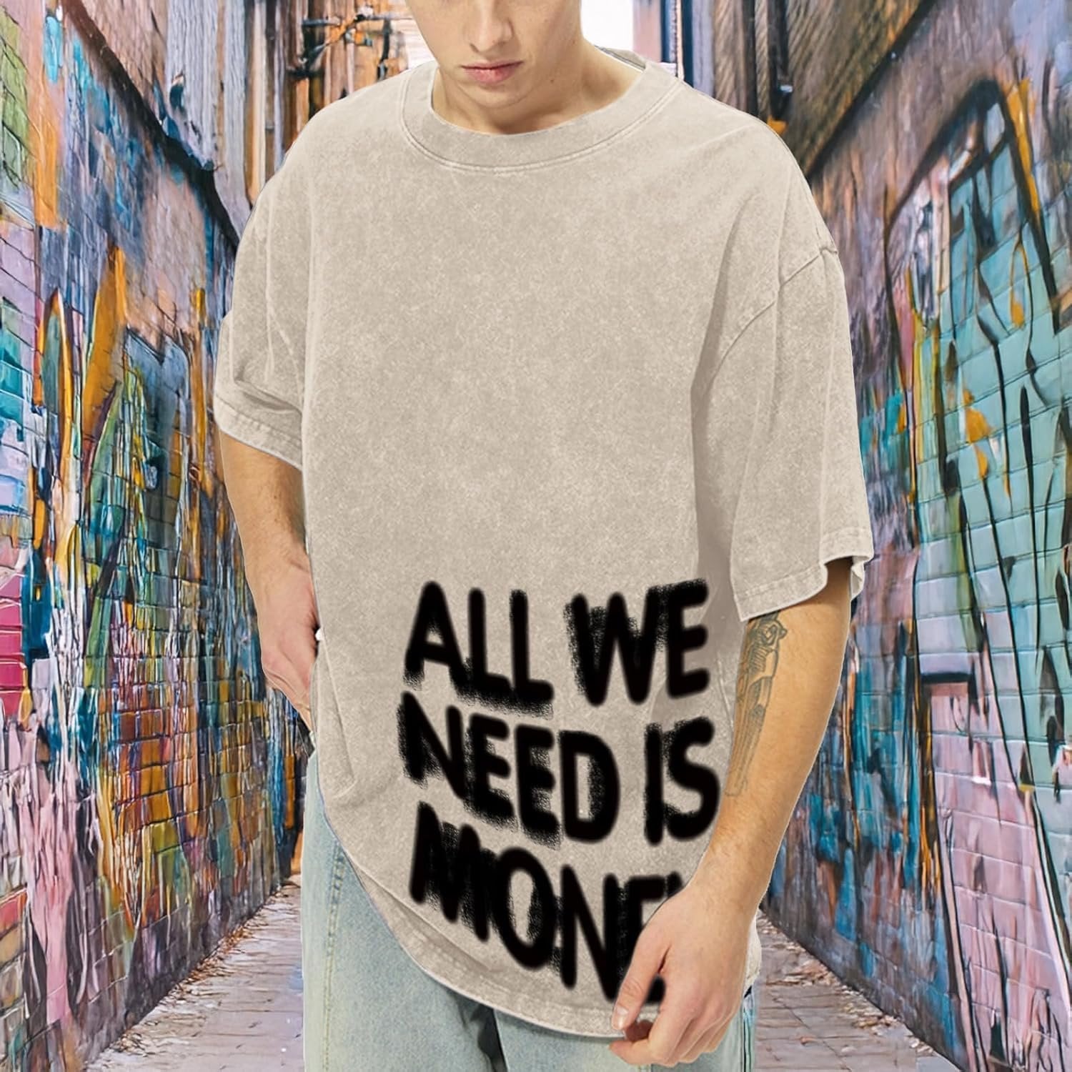 Men’s oversized graphic streetwear baggy vintage washed cotton T-shirt - Image 2