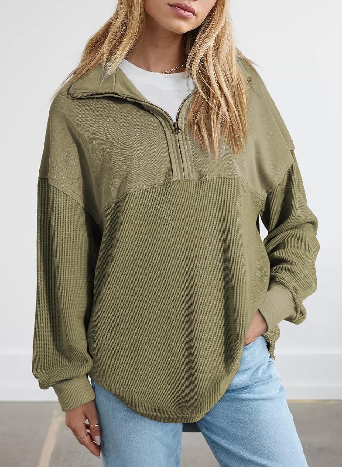 Women’s Casual Waffle Knit Half Zip Long Sleeve Pullover Sweatshirt - Image 2
