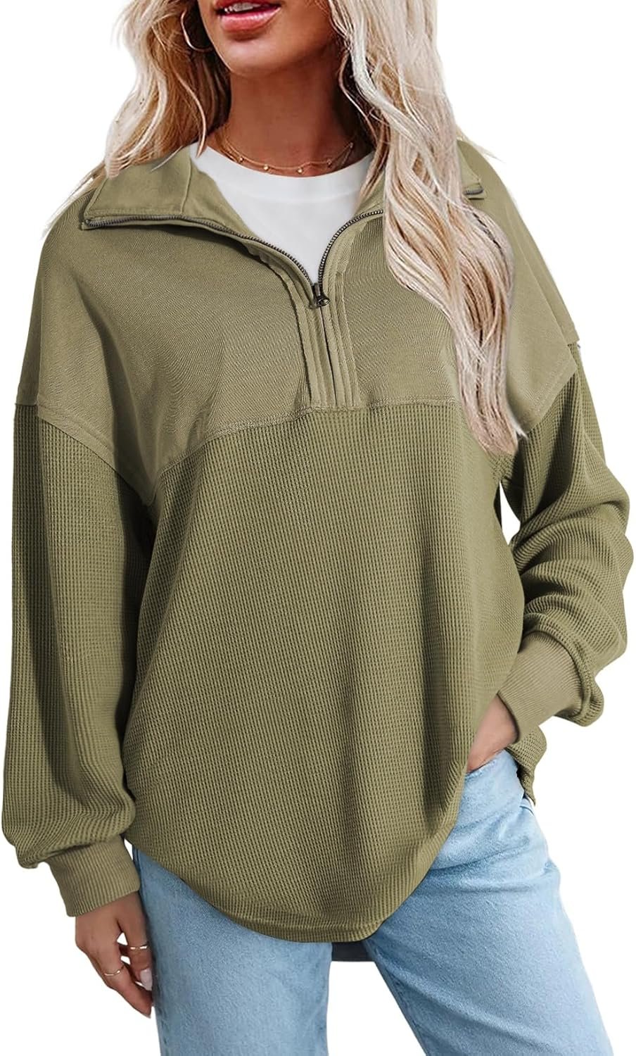 Women’s Casual Waffle Knit Half Zip Long Sleeve Pullover Sweatshirt
