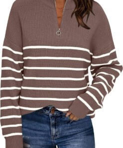 Women’s Quarter Zip Striped Oversized Mock Neck Sweater