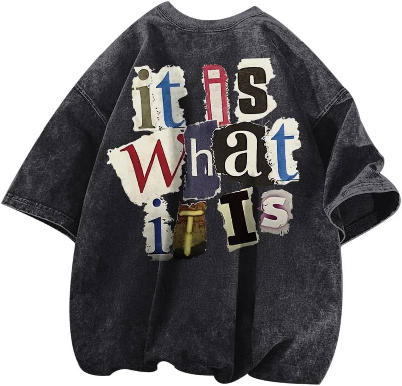 Men’s graphic funny letter print oversized vintage acid wash casual T-shirt