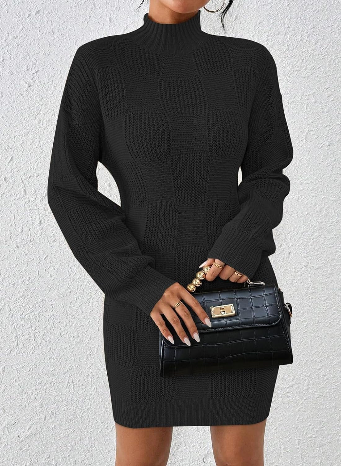 Women’s Mock Neck Sweater Dress Lantern Sleeve Plaid Knit Mini Dress - Image 2
