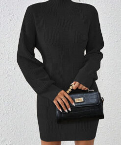 Alternative view of Women’s Mock Neck Sweater Dress Lantern Sleeve Plaid Knit Mini Dress