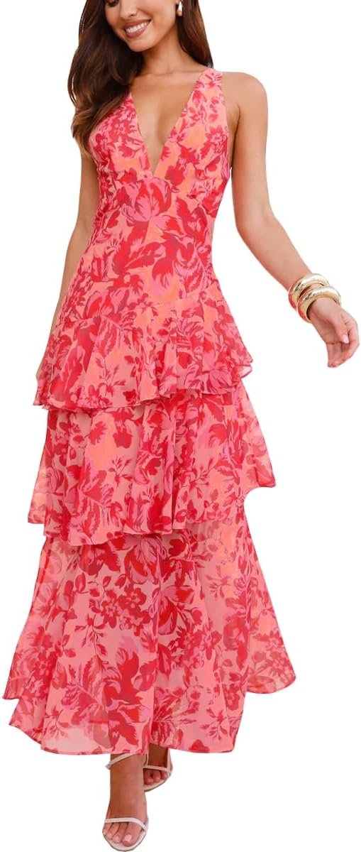 Women’s Deep V-Neck Floral Maxi Dress Backless Ruffle Hem Evening Party Dress
