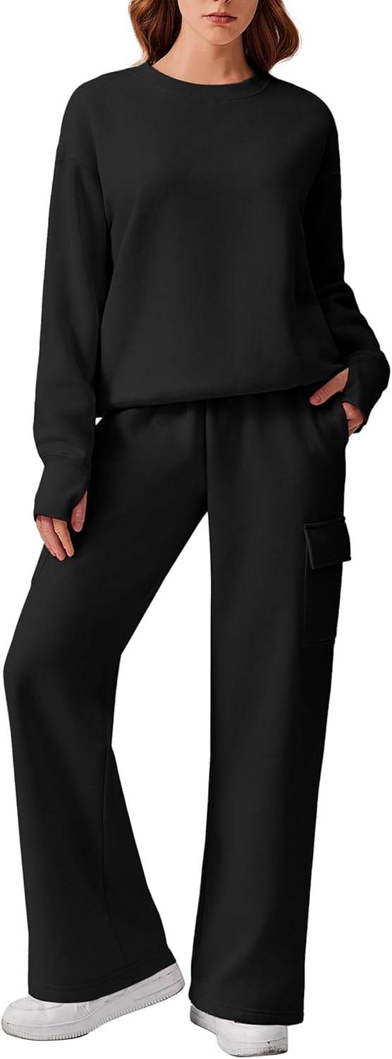 2-piece fleece sweatsuit sweatshirt wide leg cargo sweatpants set with pockets