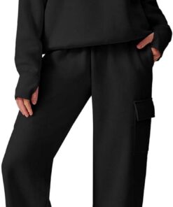 2-piece fleece sweatsuit sweatshirt wide leg cargo sweatpants set with pockets