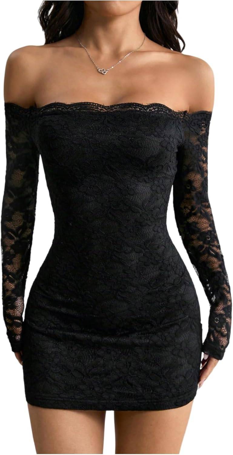 Women’s Lace Long Sleeve Off Shoulder Bodycon Mini Dress