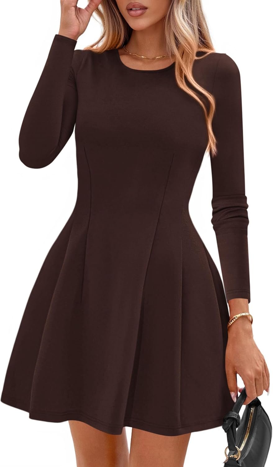 Women’s Long Sleeve Crew Neck Knit Mini Dress Pleated A-Line Casual Party Dress