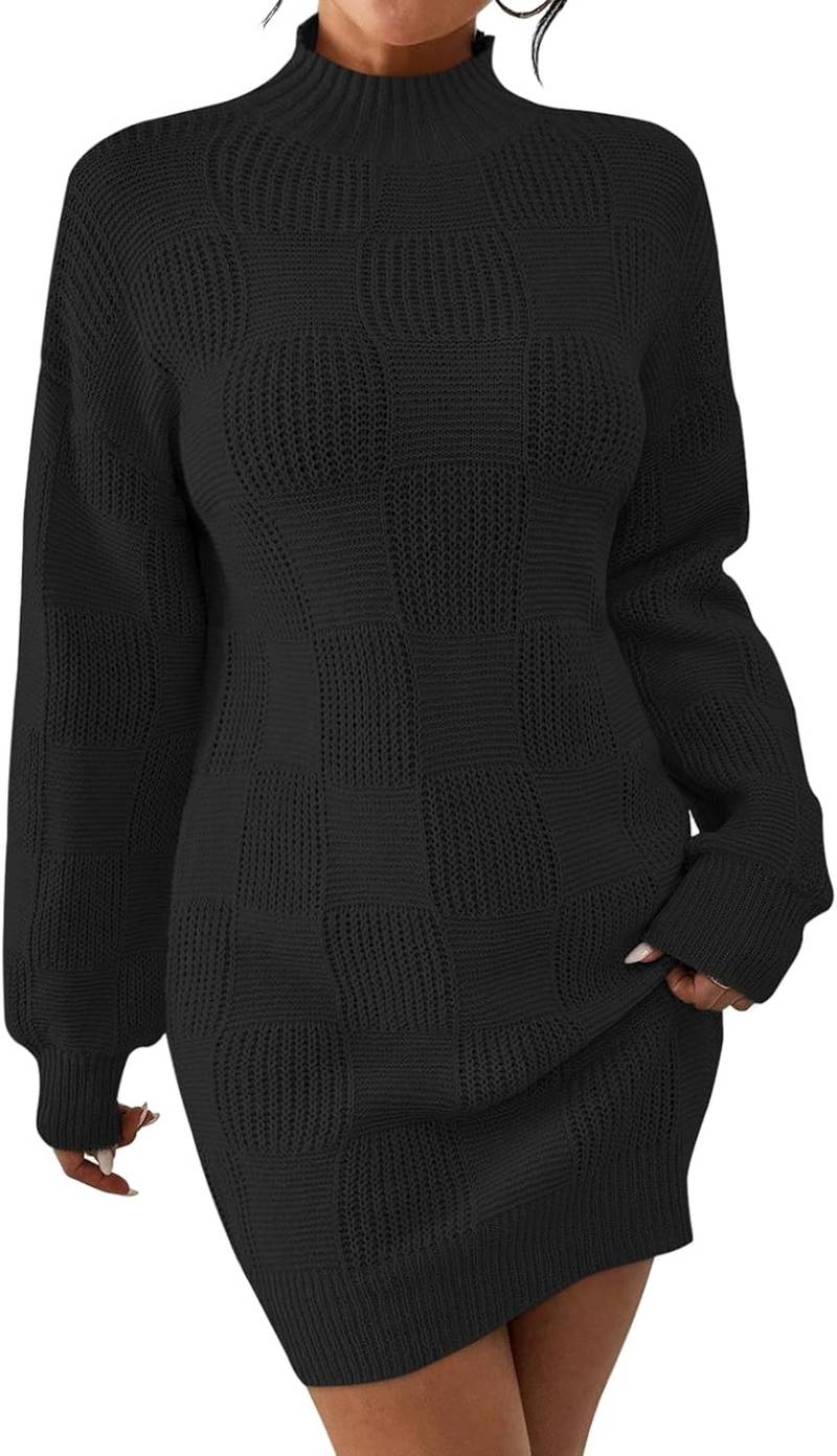 Women’s Mock Neck Sweater Dress Lantern Sleeve Plaid Knit Mini Dress