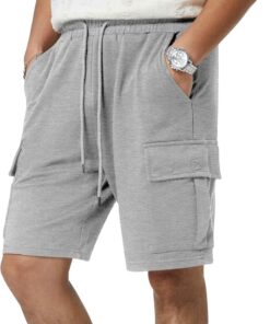 Men’s Cotton Sweat Cargo Shorts Drawstring Elastic Waist Gym Shorts with Pockets