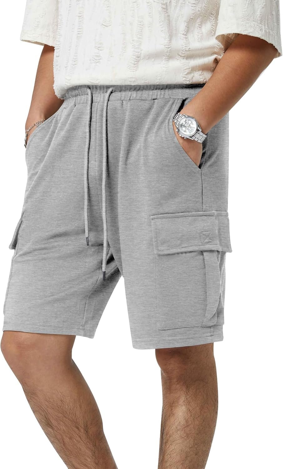 Men’s Cotton Sweat Cargo Shorts Drawstring Elastic Waist Gym Shorts with Pockets