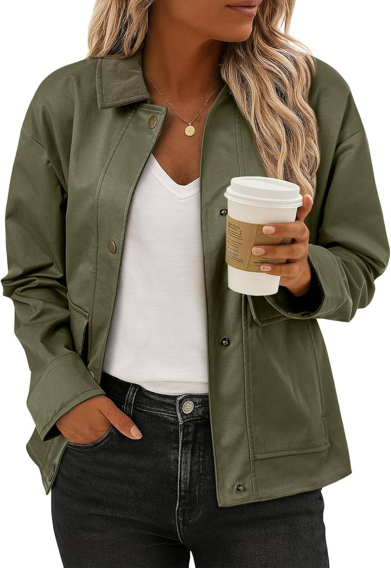 Women’s Lightweight Cropped Jacket Button Down Casual Coat with Pockets
