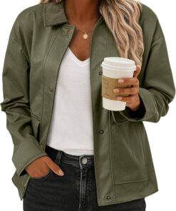 Women’s Lightweight Cropped Jacket Button Down Casual Coat with Pockets
