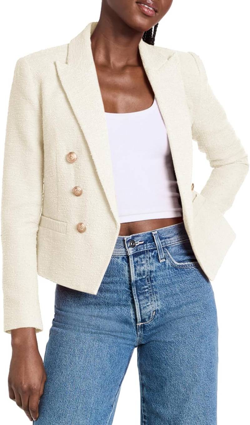 Women’s Cropped Tweed Blazer Open Front Long Sleeve Business Jacket