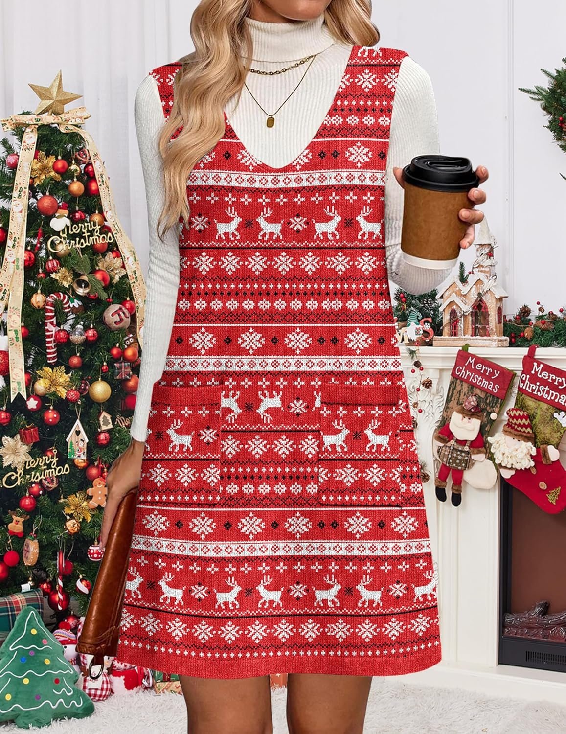 Women’s Sleeveless Knit Sweater Vest Dress Casual Pullover Style with Pockets - Image 2