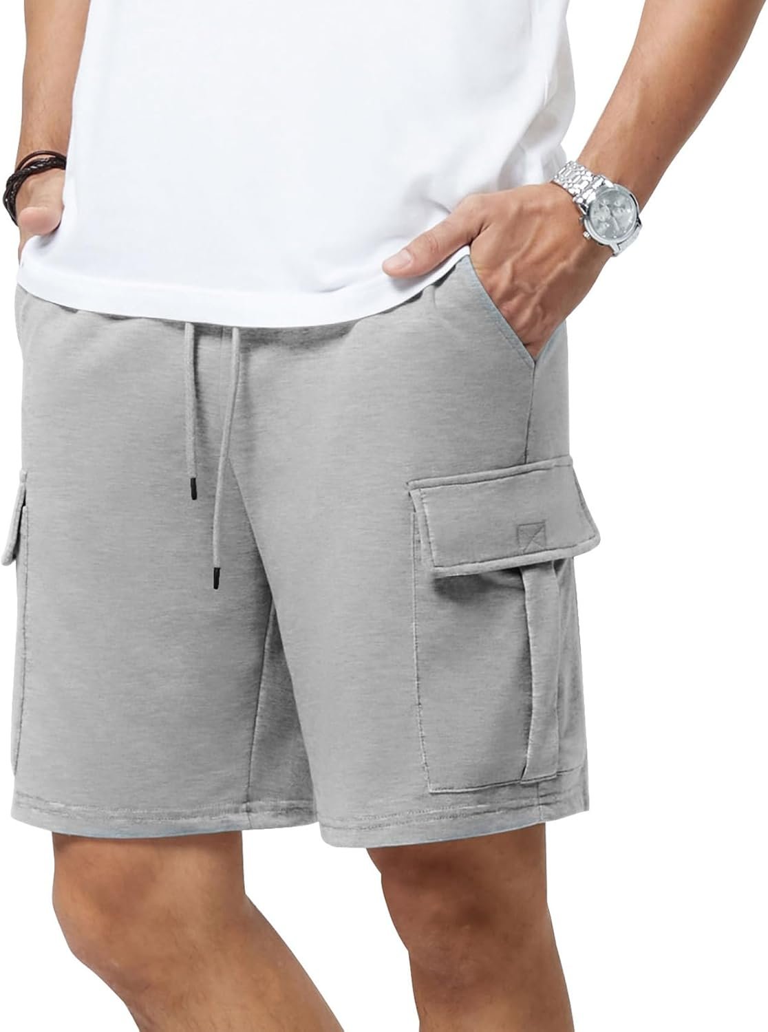 Men’s Cotton Sweat Cargo Shorts Drawstring Elastic Waist Gym Shorts with Pockets - Image 2