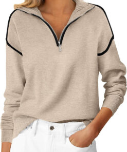 Women’s Quarter Zip Knit Sweater Long Sleeve Collared Casual Pullover