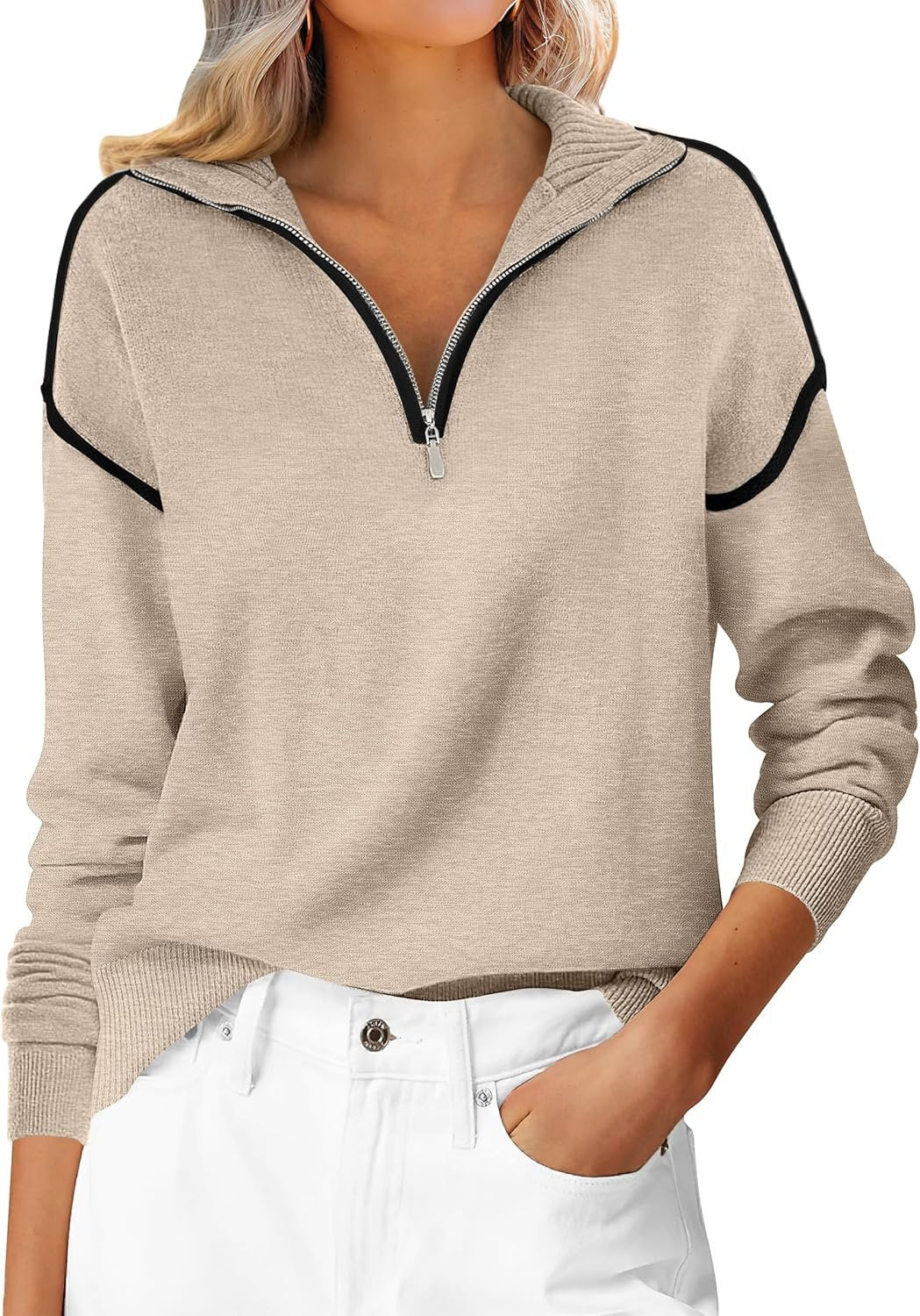 Women’s Quarter Zip Knit Sweater Long Sleeve Collared Casual Pullover