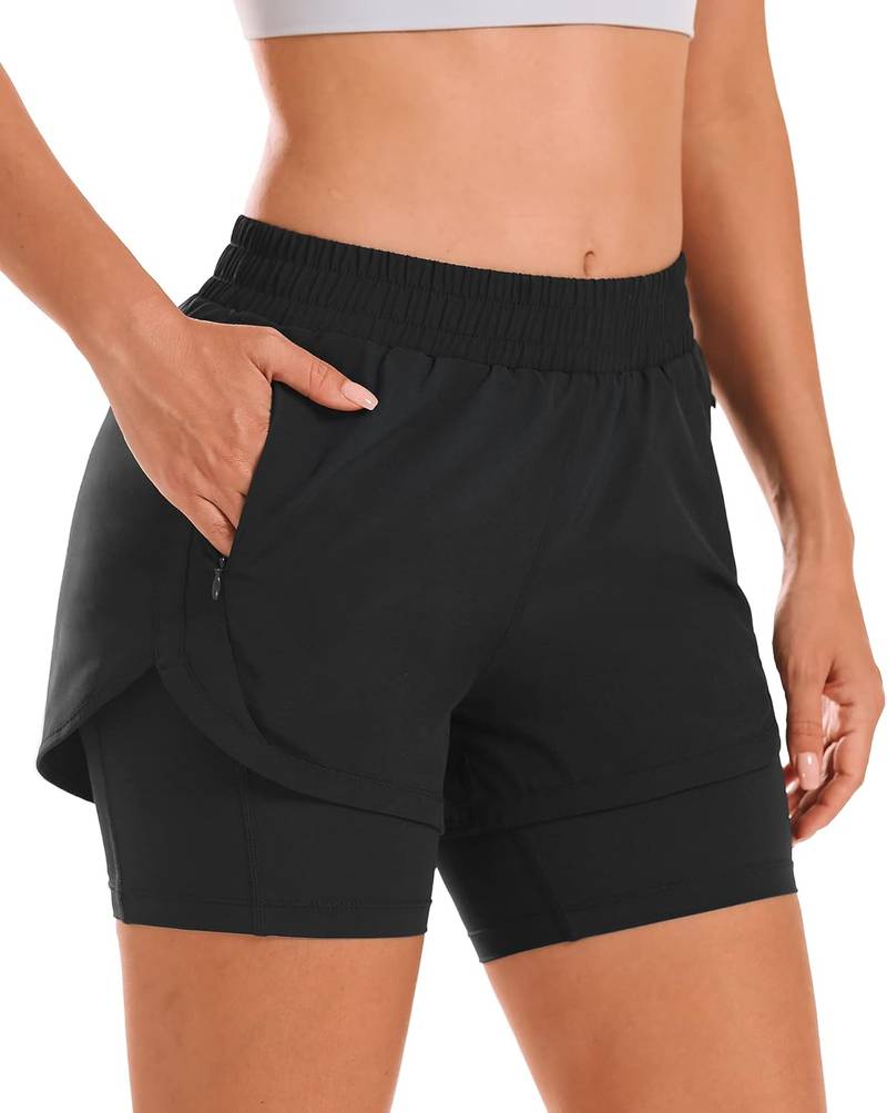 Women’s High Waist 2-in-1 Running Gym Shorts with Liner and Zipper Pockets