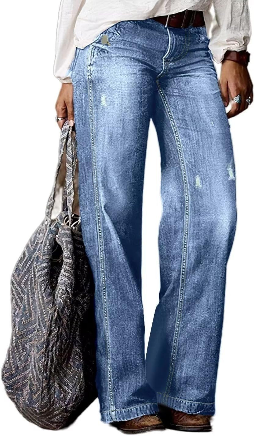 Women’s Straight Leg Ripped Raw Hem Mid Waist Bootcut Jeans