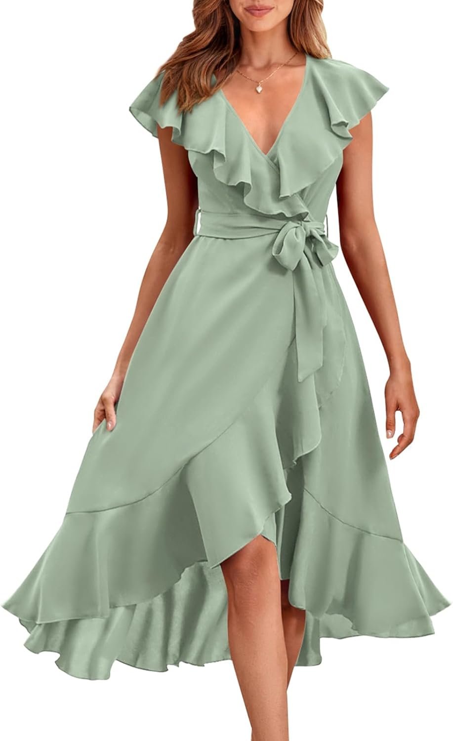 Women’s Cross Wrap Midi Dress Deep V-Neck Short Sleeve Split Hem Boho Dress