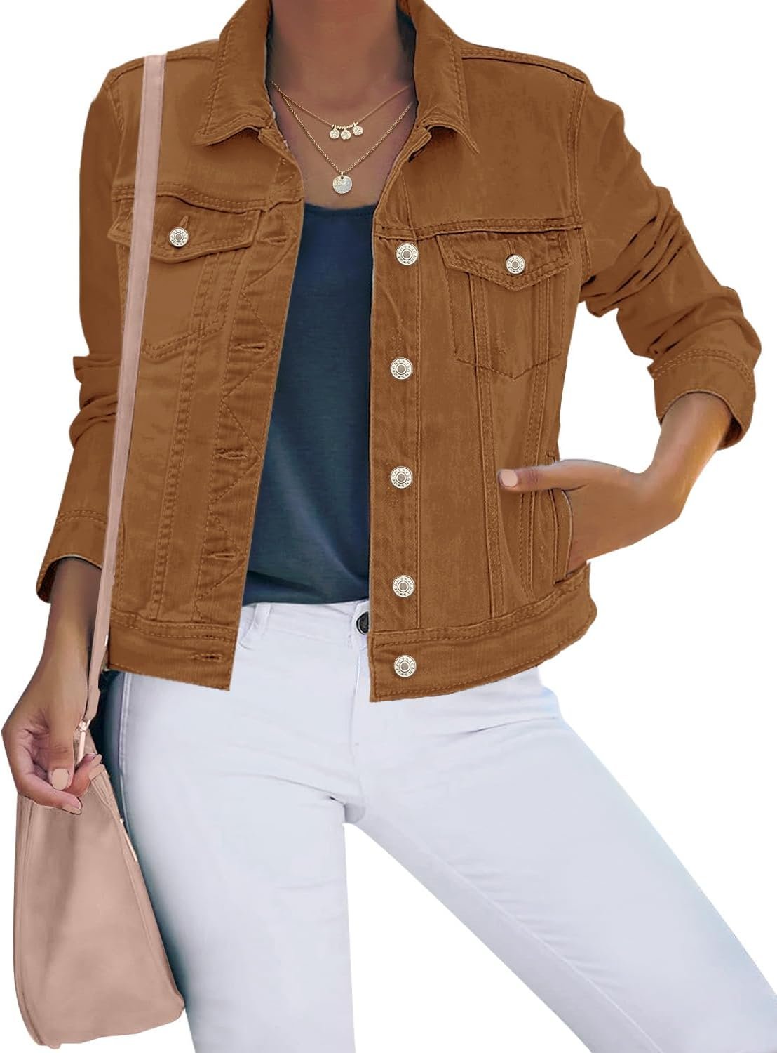 Women’s Stretch Fitted Button Down Denim Jacket Long Sleeve Style