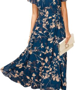 Women’s Floral Short Sleeve Chiffon Maxi Dress Empire Waist Design