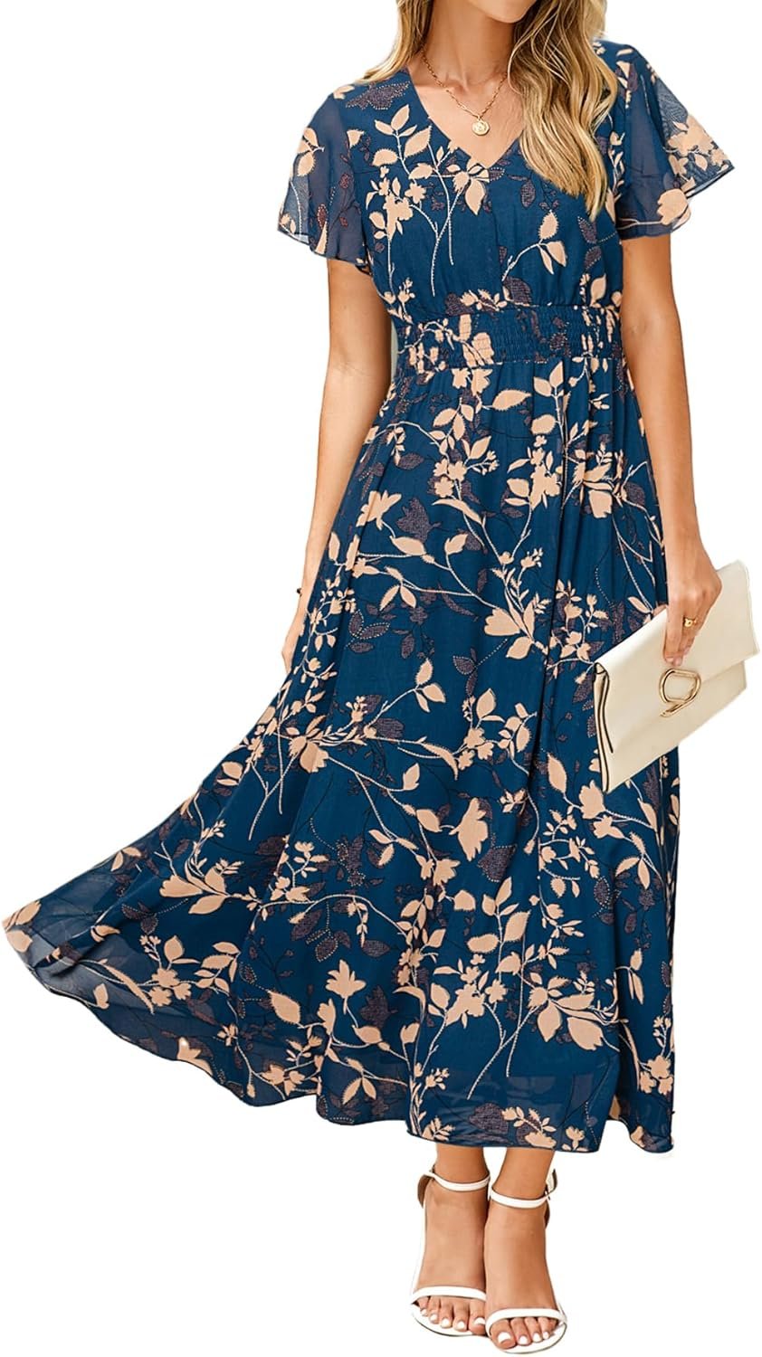 Women’s Floral Short Sleeve Chiffon Maxi Dress Empire Waist Design