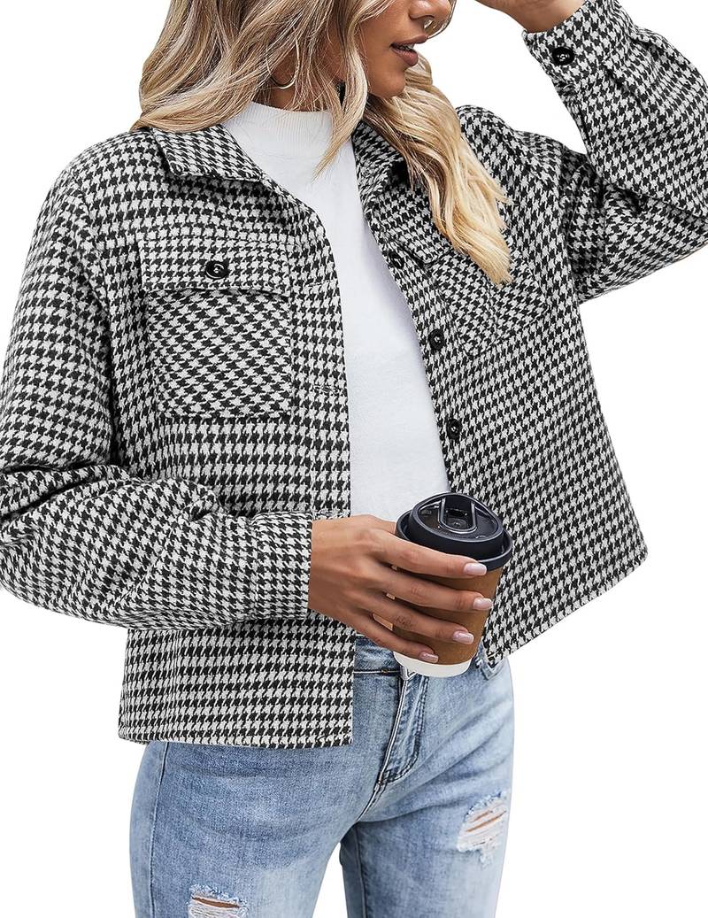 Women’s Cropped Plaid Button Down Jacket Casual Fall Shirt Coat