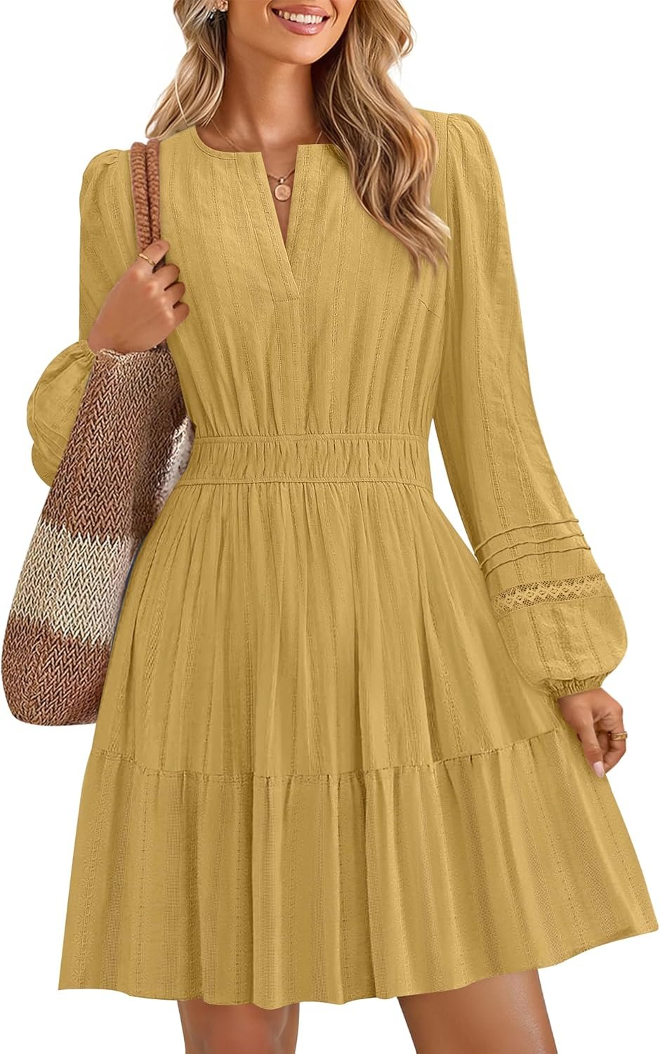 Women’s Long Sleeve V-Neck Mini Dress High Waist Pleated A-Line Party Dress