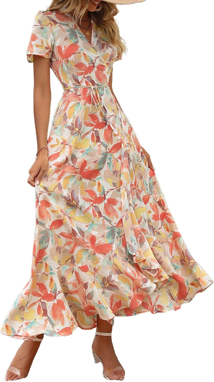 Women’s Floral Wrap Maxi Dress Short Sleeve V-Neck Split Hem Boho Beach Dress