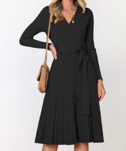 Alternative view of Women’s Long Sleeve Wrap V-Neck Ribbed Knit Pleated Sweater Dress with Belt