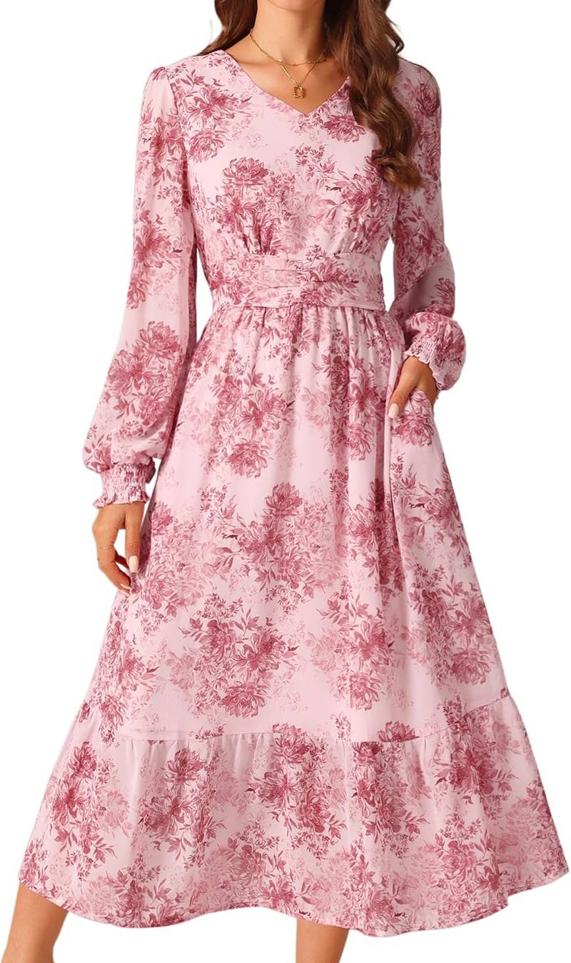 Women’s Floral V-Neck Ruffle Tiered Midi Dress Long Sleeve Chiffon Dress with Pockets