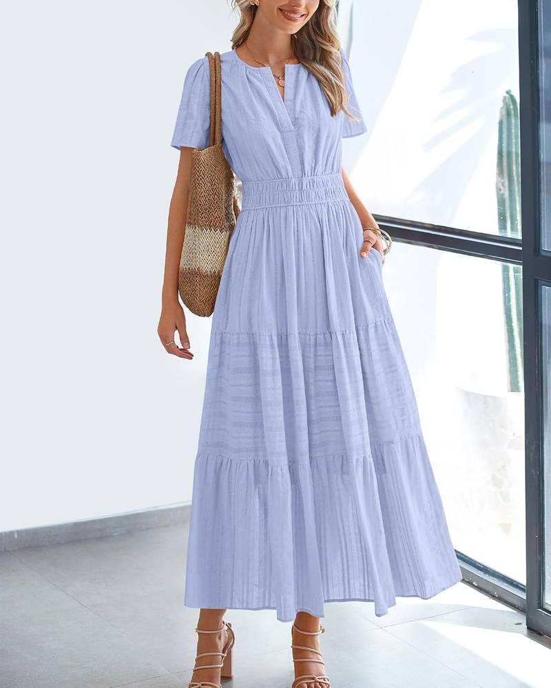 Women’s Casual Short Sleeve V Neck Boho Maxi Dress with Pockets - Image 2