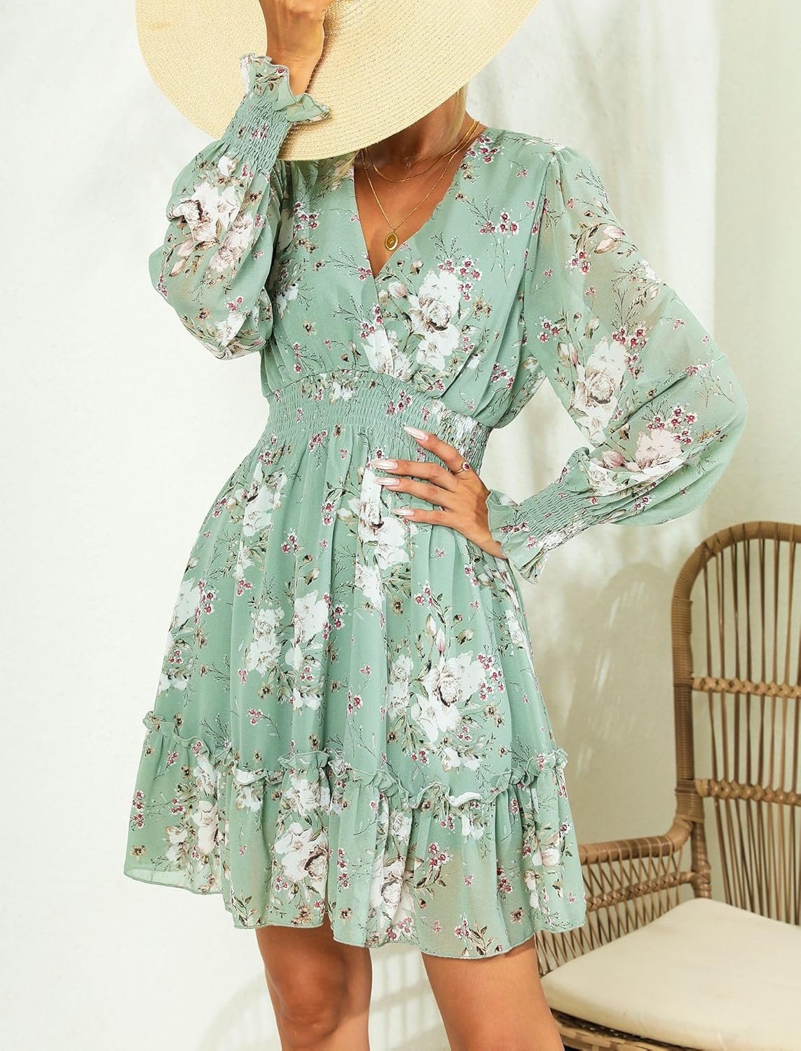 Women’s Floral Chiffon Long Sleeve A-Line Mini Dress with Tie Back - Image 2