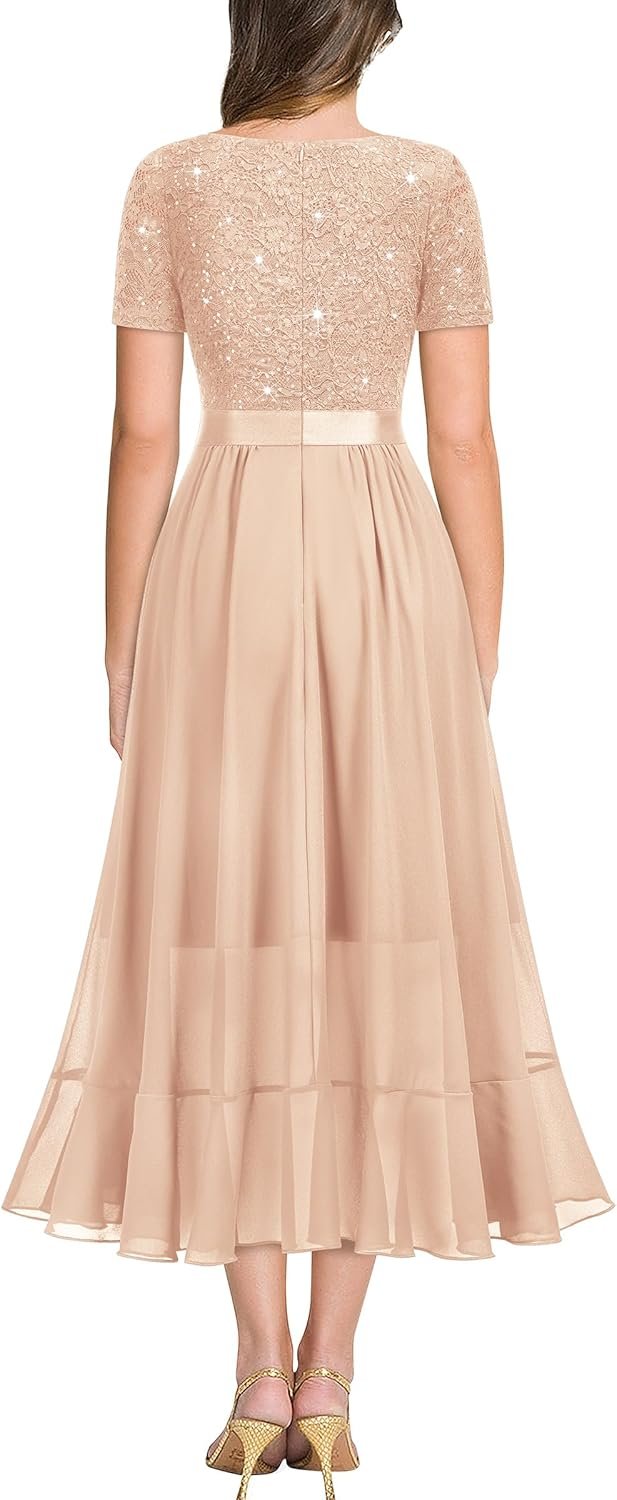 Women’s Elegant V-Neck Sequin Lace Chiffon Evening Dress with Split Hem - Image 2
