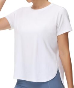 Women’s White Casual Short-Sleeve Top with Split Hem—Suitable for Sports