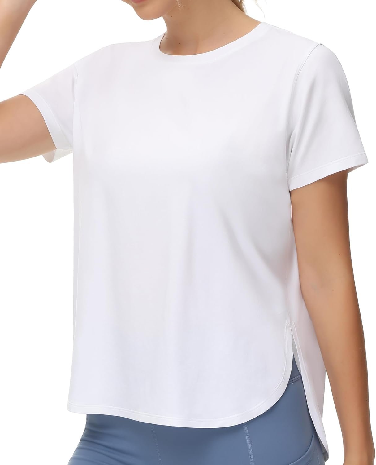 Women’s White Casual Short-Sleeve Top with Split Hem—Suitable for Sports