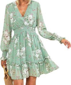 Women’s Floral Chiffon Long Sleeve A-Line Mini Dress with Tie Back