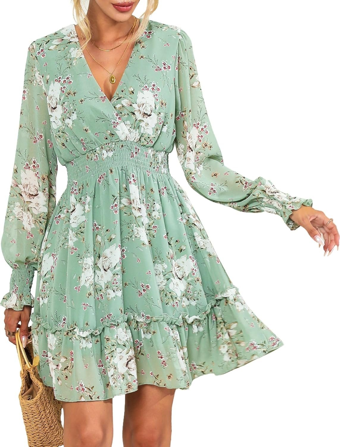 Women’s Floral Chiffon Long Sleeve A-Line Mini Dress with Tie Back