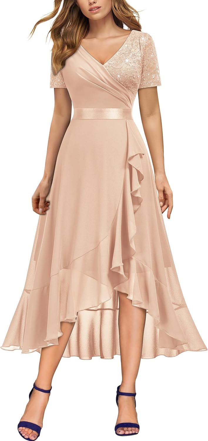 Women’s Elegant V-Neck Sequin Lace Chiffon Evening Dress with Split Hem