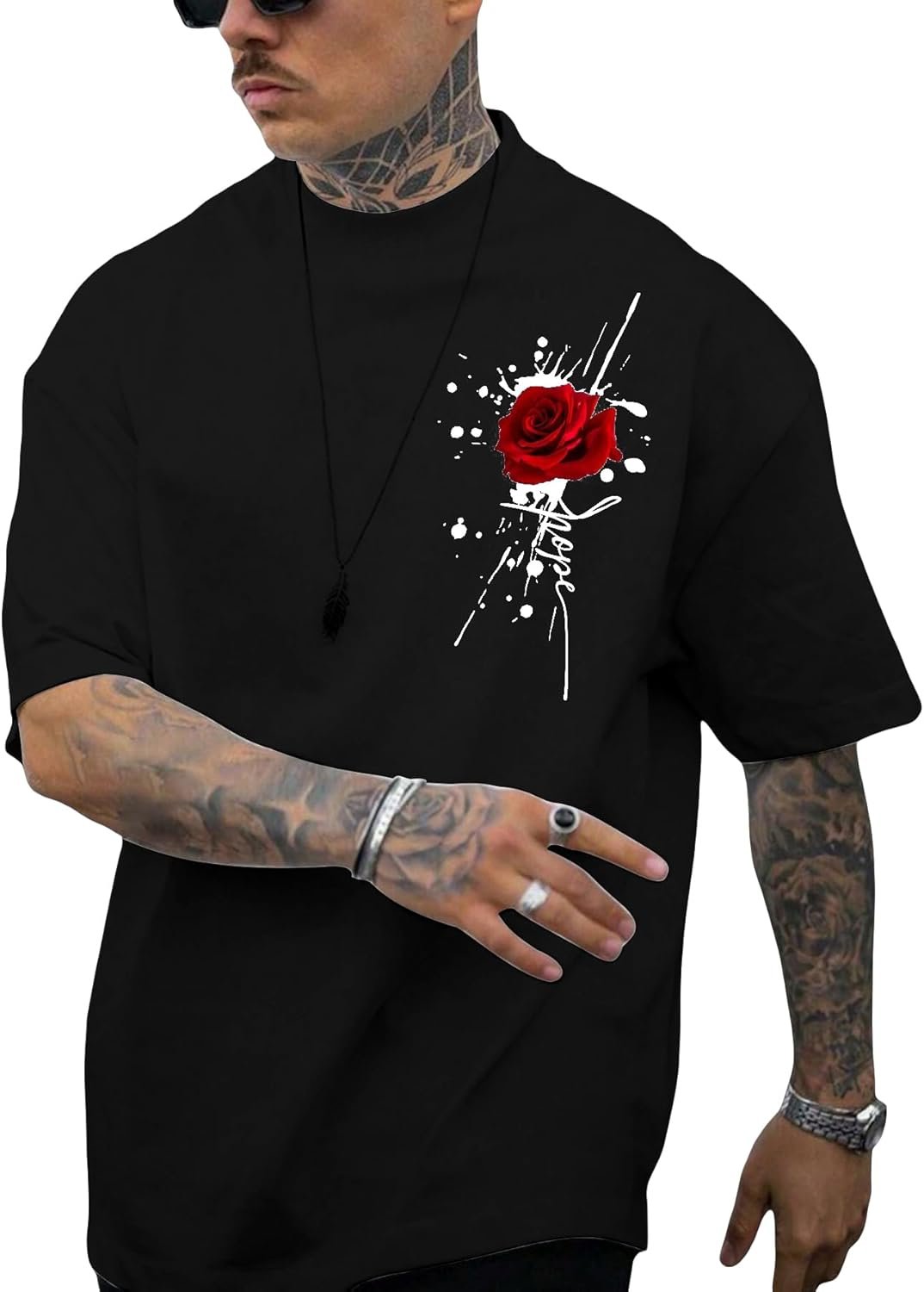 Men’s rose print graphic oversized T-shirt casual summer streetwear top