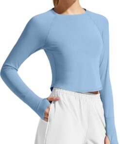 Alternative view of Lightweight women’s long sleeve rash guard crop workout shirt thumb holes quick-dry top