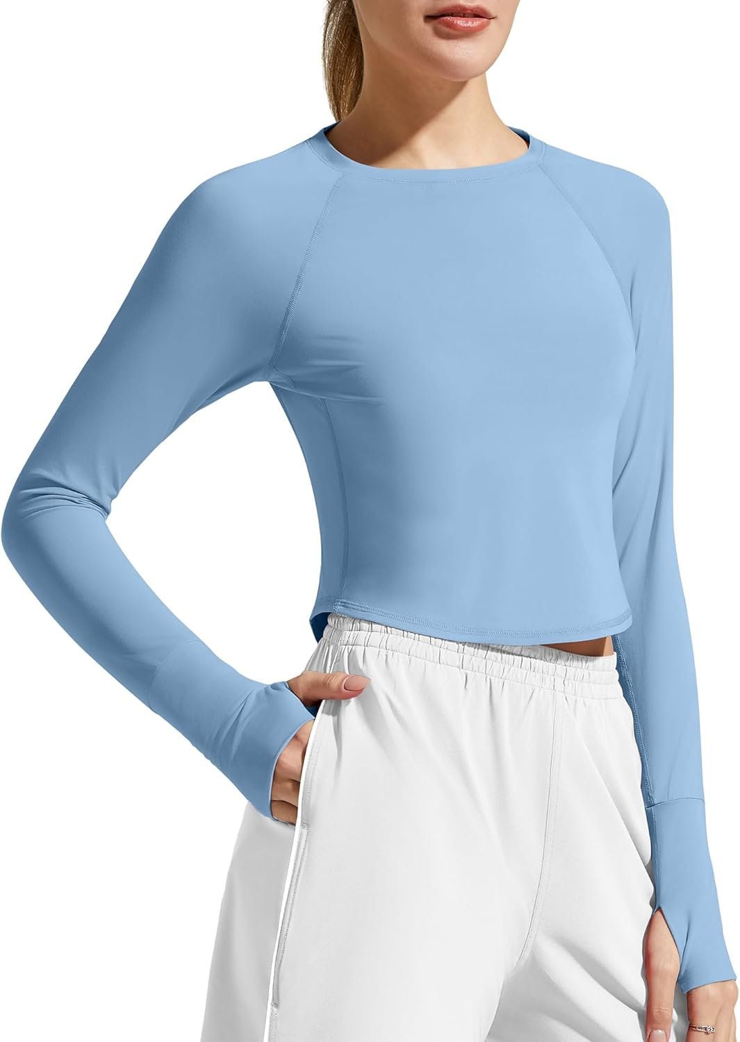 Lightweight women’s long sleeve rash guard crop workout shirt thumb holes quick-dry top - Image 2